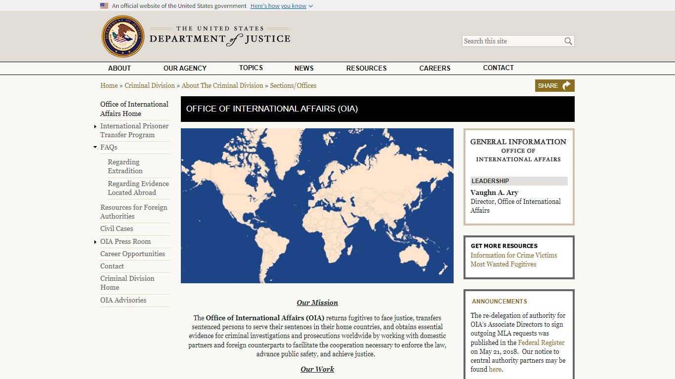 Office of International Affairs (OIA) | Department of Justice